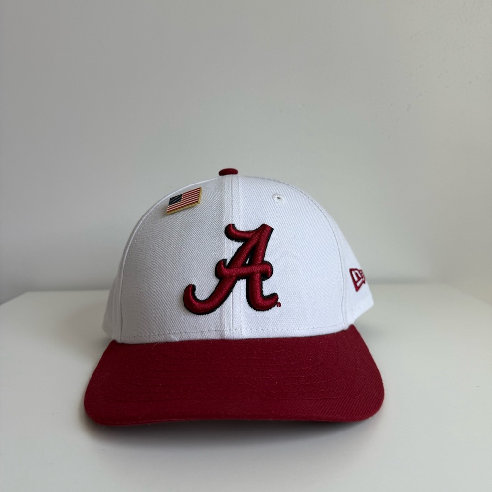 White and Red Fitted Baseball Cap with Logo + Flag Pin